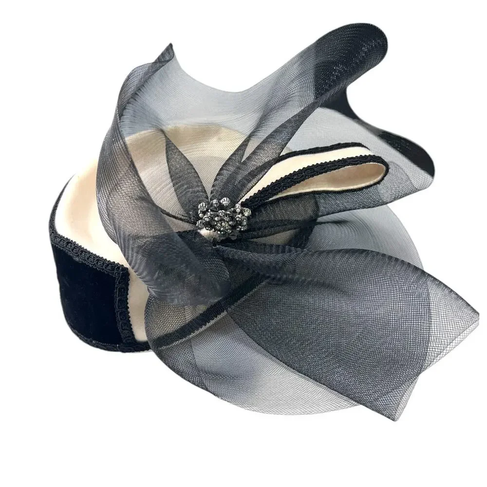 Vintage 40's fascinator hat pill box sheer bow cream black rhinestone Old Money - Picture 3 of 9